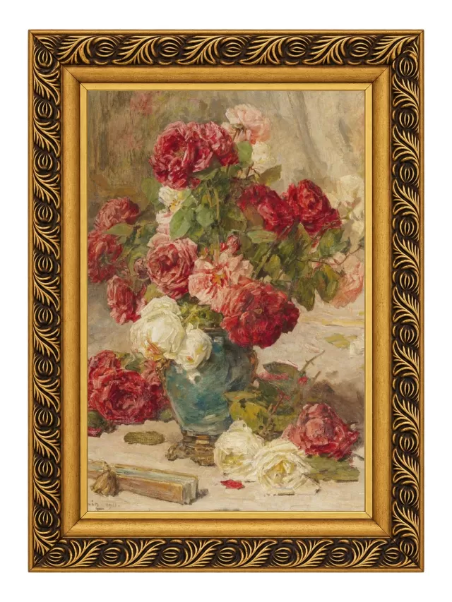 Rosas em um Vaso e um Leque com Moldura Clássica Florença P