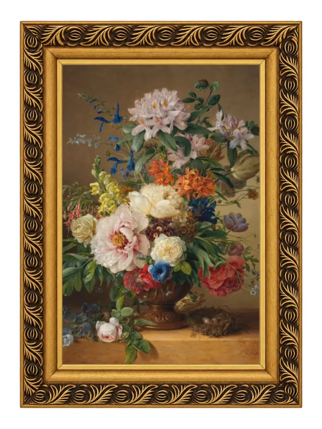Peonia, azaleia e outras flores, de Anton Weiss com Moldura Clássica Florença P