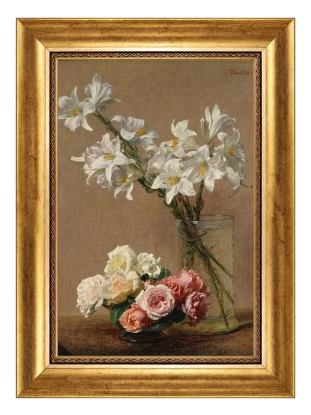 Rosas e Lírios, de Henri Fantin-Latour com Moldura Clássica Lisa P
